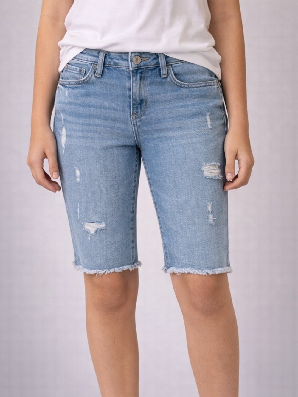 SO Light Blue Distressed Denim Bermuda Shorts - Girls